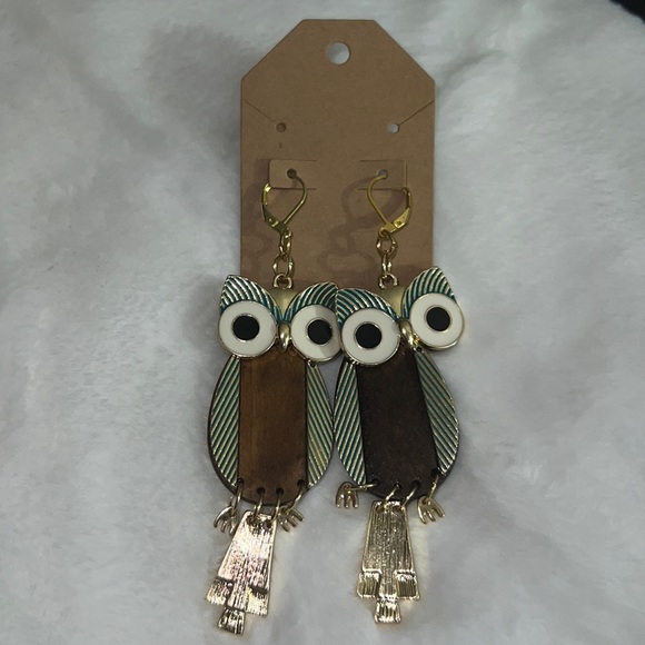 Owl wooden gold and teal handmade earrings, 18k gold plated leverback earrings - Picture 1 of 9